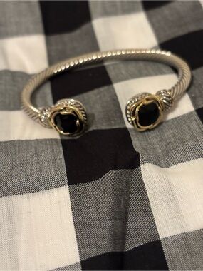 Silver Two-Tone Open Cuff Bracelet with Black Stone Ends